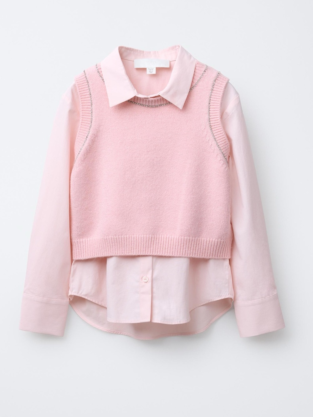 NWT. Zara Kids Pink Long-Sleeved Poplin Shirt with Rhinestones Knitted Vest.